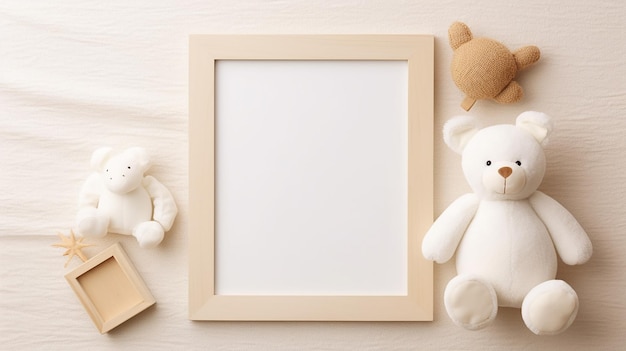 un mignon ours en peluche avec un cadre en bois blanc et un espace vide pour le texte