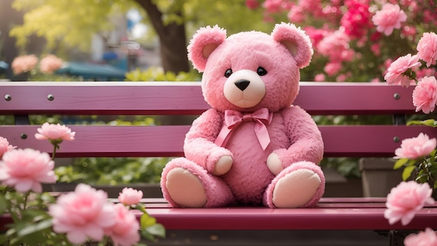 Un mignon ours en peluche de couleur rose assis sur un banc dans un parc entouré de fleurs épanouies