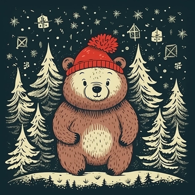 Un mignon ours en peluche dans un chapeau et une écharpe tricotés rouges avec un arbre de Noël et des flocons de neige Aquarelle