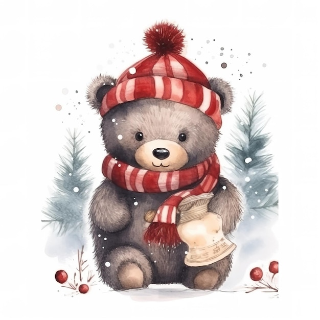 Un mignon ours en peluche dans un chapeau et une écharpe tricotés rouges avec un arbre de Noël et des flocons de neige Aquarelle