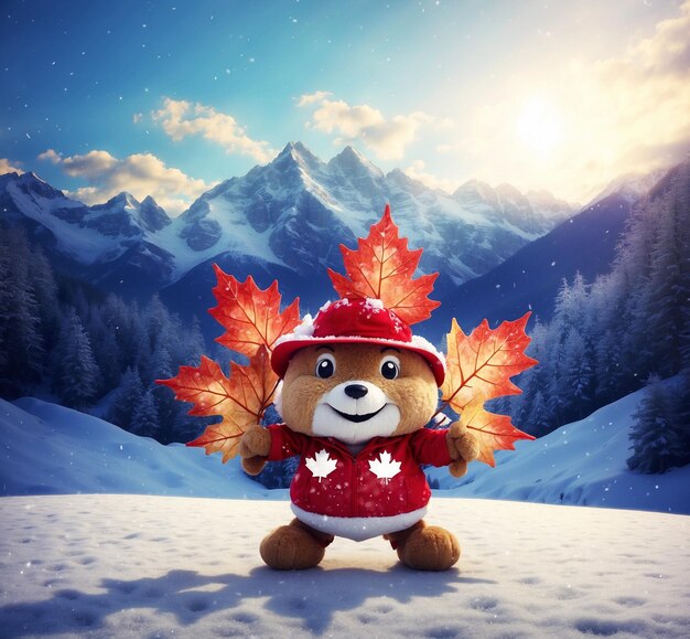 Un mignon ours en peluche dans un chapeau rouge de Père Noël avec des feuilles d'érable dans des montagnes enneigées