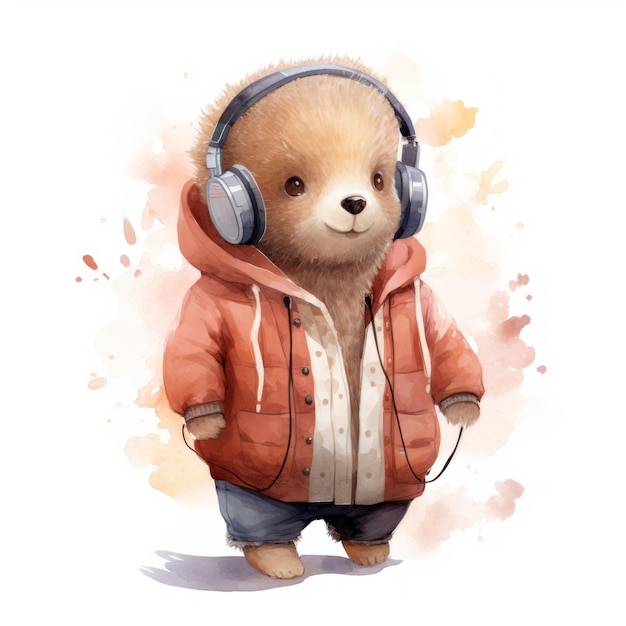 Photo un mignon ours en peluche dans un style décontracté avec des écouteurs un ours écoutant de la musique