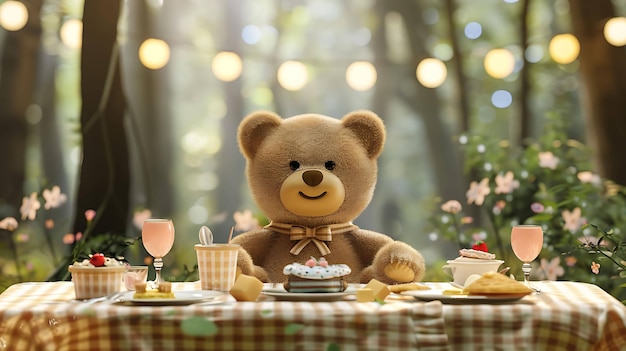 Un mignon ours en peluche est assis à une table dans les bois faisant un pique-nique Il y a un gâteau cupcakes et d'autres aliments sur la table