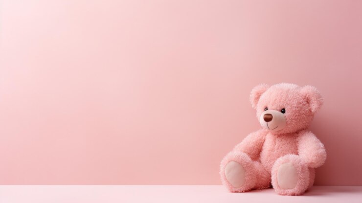 Photo un mignon ours en peluche sur un fond rose pâle est un espace de copie parfait.
