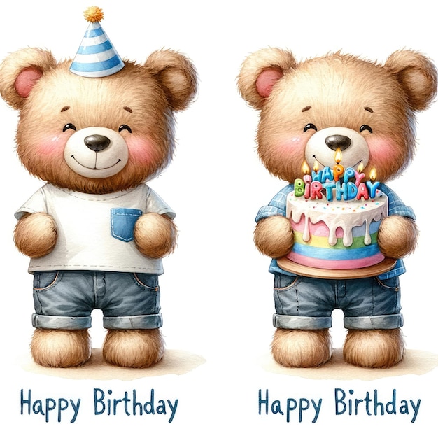 Un mignon ours en peluche avec un gâteau d'anniversaire sur fond blanc