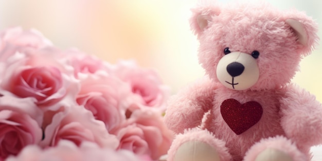 Photo un mignon ours en peluche rose est assis à côté d'un beau bouquet de roses roses parfait pour exprimer l'amour et l'affection