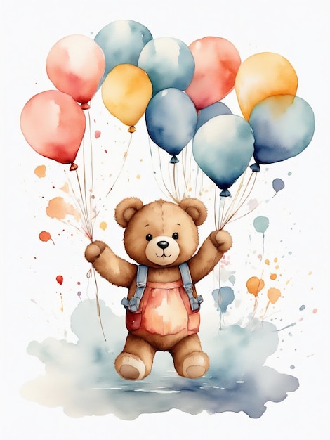 Un mignon ours en peluche tenant des ballons colorés peinture à l'aquarelle concept de la fête de la Saint-Valentin