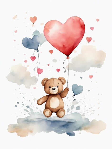 Un mignon ours en peluche tenant des ballons colorés peinture à l'aquarelle concept de la fête de la Saint-Valentin