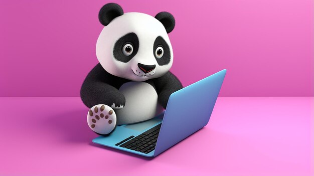 Un mignon panda 3D utilisant un ordinateur portable sur un fond de couleur solide 16