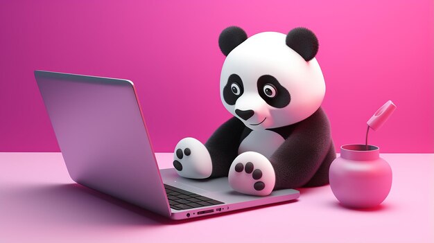 Un mignon panda 3D utilisant un ordinateur portable sur un fond de couleur solide 16