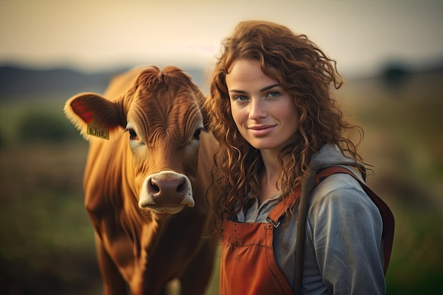 mignon, paysan, femme, à, vache