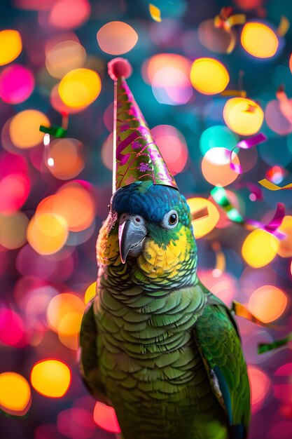 Un mignon perroquet amical portant un chapeau de fête chic célébrant dans le style à une fête de fantaisie avec des lumières bokeh élégantes et un éclat de confetti de papier autour