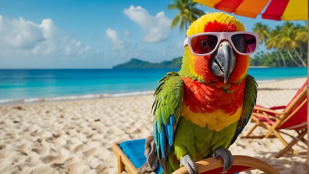 un mignon perroquet avec des lunettes de soleil sur la plage