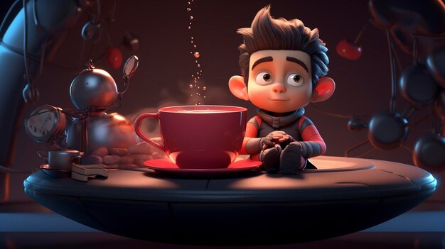 Un mignon personnage d'animation avec de grandes lunettes et des cheveux sauvages appréciant une tasse de thé