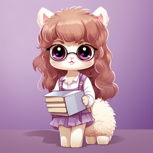 Un mignon personnage de dessin animé d'étudiant alpaca tenant des livres