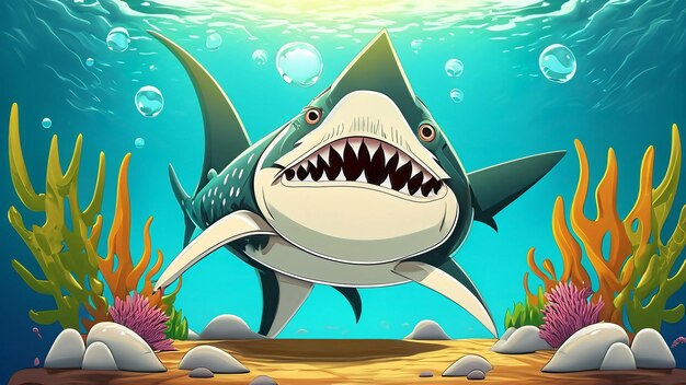 Un mignon personnage de dessin animé, un requin sous-marin dans l'océan.