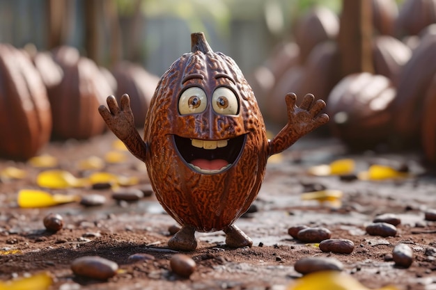 Le mignon personnage du dessin animé souriant grain de cacao agite ses mains et salue illustration 3d