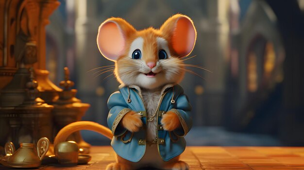 Un mignon personnage fantastique, une souris sur le fond d'un château.