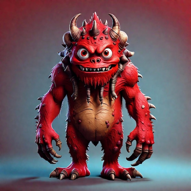 Un mignon personnage de monstre de dessin animé rouge 3D isolé sur un fond coloré