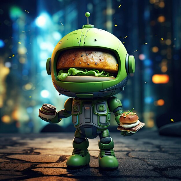 mignon petit astronaute humanoïde vert tenant un hamburger ai génératif