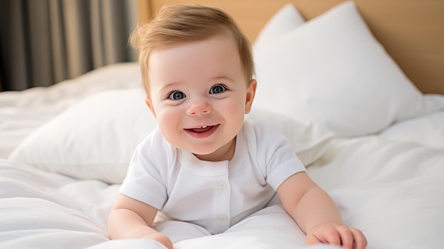 Un mignon petit bébé assis sur le lit