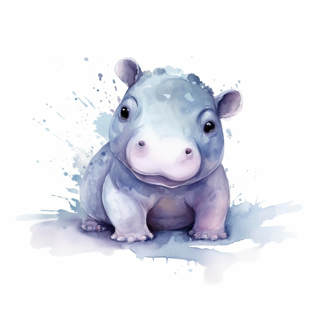 Mignon petit bébé hippopotame aquarelle couleur pastel avec fond blanc générat ai