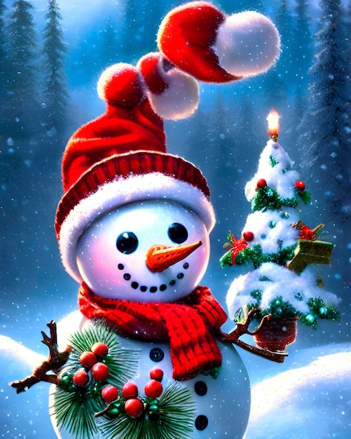 mignon petit bonhomme de neige avec un bonnet tricoté, ambiance de noël, carte postale du nouvel an