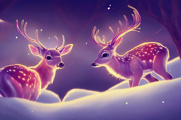 Mignon petit cerf mère et bébé illustration Illustration de Noël avec adorable petit cerf hiver forêt paysage enneigé art numérique style illustration peinture