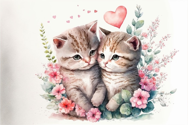 Mignon petit chaton amoureux sur le style de dessin animé dessiné à la main de la Saint-Valentin romantique