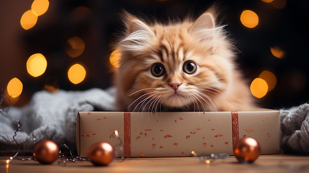 Photo mignon petit chaton sur fond de noël