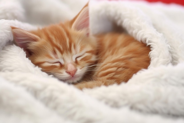 Mignon petit chaton rouge dormant sur une couverture blanche en fourrure Créé avec des outils d'IA génératifs