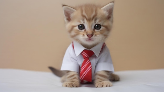 Mignon petit chaton sibérien portant une cravate rouge et une chemise blanche