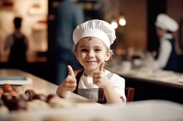 Photo un mignon petit chef boulanger dans un tablier et un chapeau chef faisant des gestes du pouce vers le haut ia générative