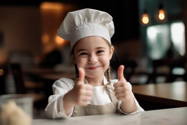 Mignon petit chef boulanger dans un tablier et chapeau chef gesticulant pouces vers le haut ai générative