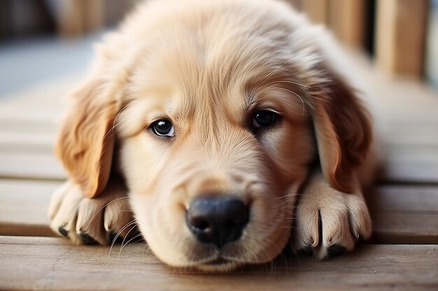 Un mignon petit chien au gingembre allongé sur le sol en bois et regardant la caméra.