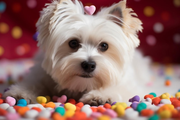 Mignon petit chien avec beaucoup de coeurs autour de l'IA générative