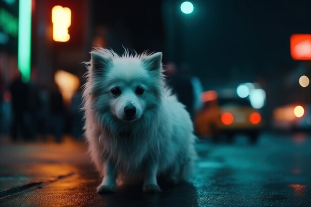 Un mignon petit chien blanc dans la rue de la ville de néon cyberpunk