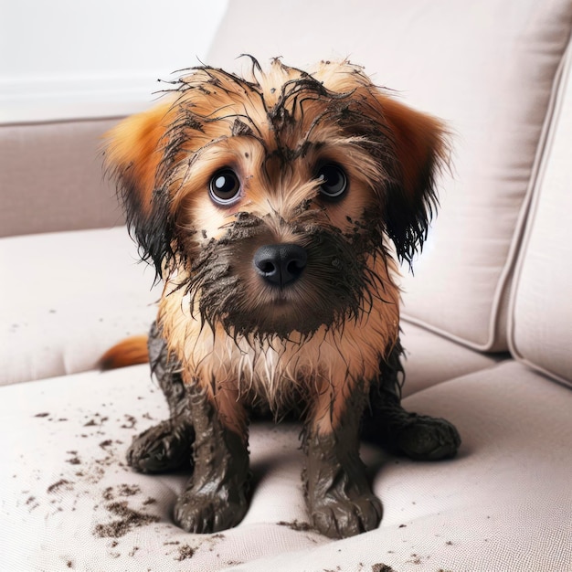 Un mignon petit chien couvert de boue avec un visage coupable est assis sur un canapé propre sur fond blanc ai génératif