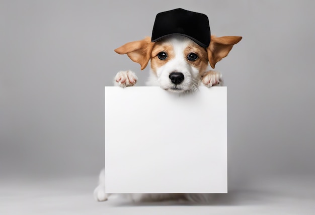 Mignon petit chien dans une casquette tient avec des pattes signe pour le texte sur fond blanc