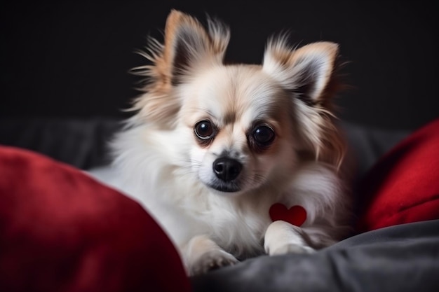 Mignon petit chien étreint coeur rouge ai génératif