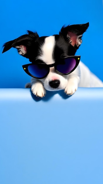 Mignon petit chien avec des lunettes de soleil isolé sur fond bleu Bannière publicitaire verticale pour animalerie