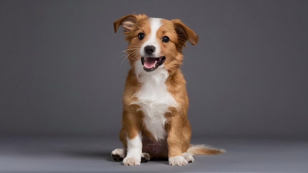 Un mignon et petit chien posant joyeusement isolé sur un fond gris