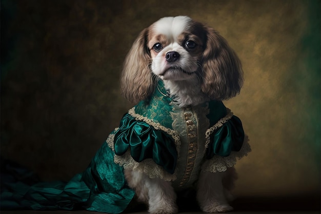 Un mignon petit chien vêtu d'une robe royale Portrait d'animal de compagnie dans les vêtements Generative ai