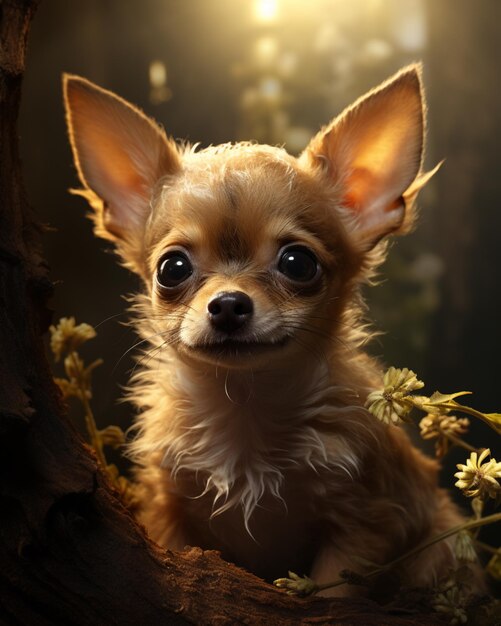 Le mignon petit Chihuahua à tête de cerf regarde de près l'arrière-plan fleur sombre photo générée par l'IA