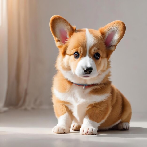 Un mignon petit chiot de chien corgi posant calmement isolé sur un fond de studio blanc semble heureux