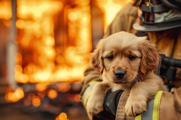 Un mignon petit chiot dans les bras d'un pompier dans un incendie