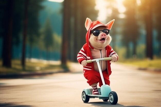 Un mignon petit cochon en costume d'enfant sur un scooter dans le parc