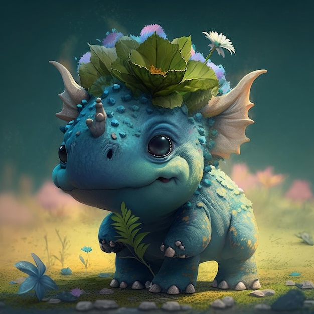 Mignon petit dinosaure avec des fleurs et des feuilles Generative AI