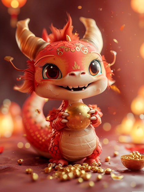 Un mignon petit dragon chinois tenant un gros lingot d'or brillant avec un sourire sur le visage