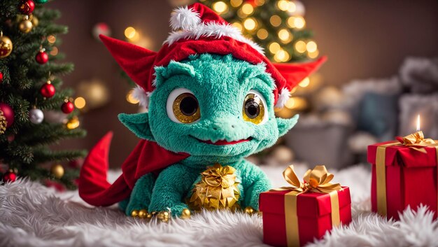 Un mignon petit dragon dans un chapeau de Père Noël.